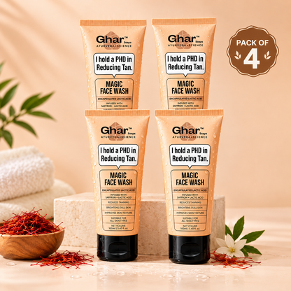 Ghar Magic Face Wash Pack of 4 | Tan Reduction &amp; Skin Brightening Face Wash | With Saffron &amp; Lactic Acid | Suitable for All Skin Types